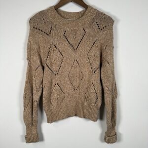 Loft Women's Knit Sweater Tan White Long sleeve Balloon Textured Size Small